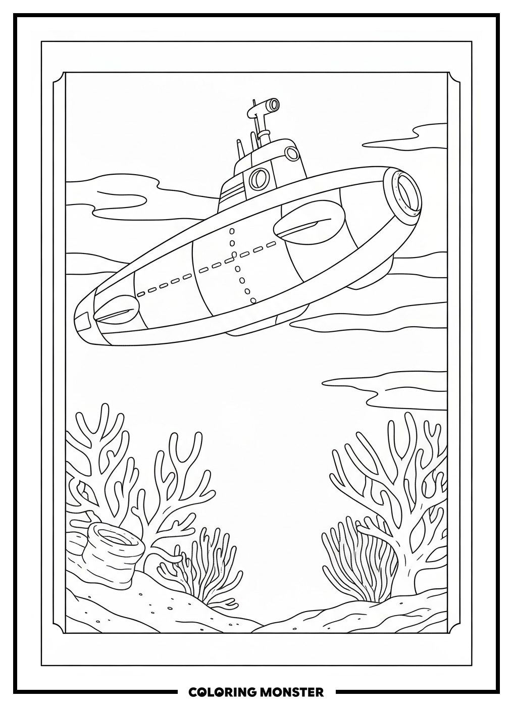 Submarine Exploring A Coral Reef Coloring Page