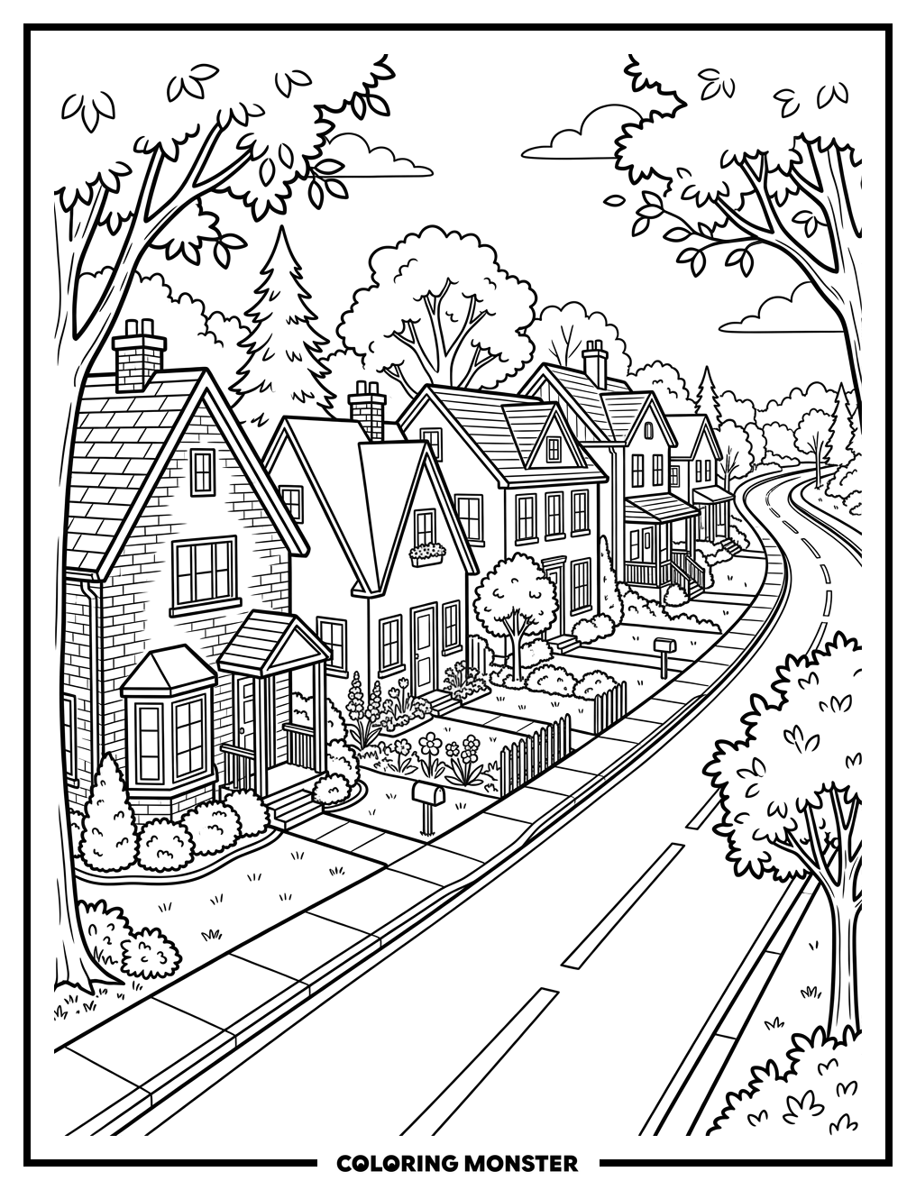 Suburban Houses On A Tree Lined Street Coloring Page