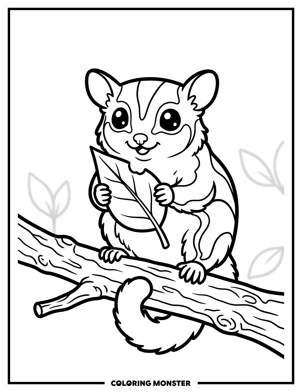 Sugar Glider with Leaf Coloring Page