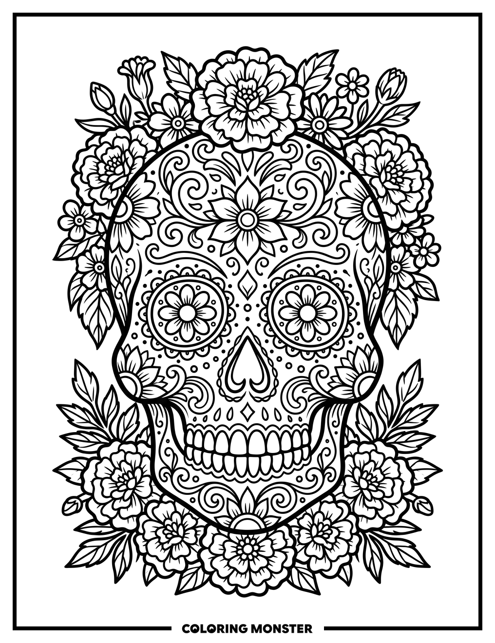 Sugar Skull Decorated with Flowers Coloring Page
