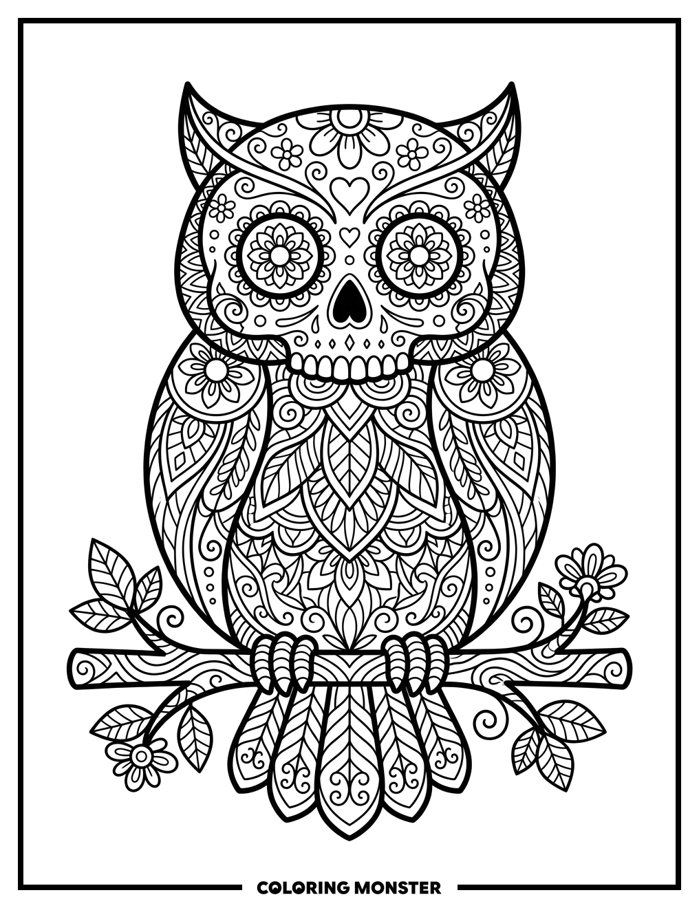 Sugar Skull Owl Perched On Branch Coloring Page