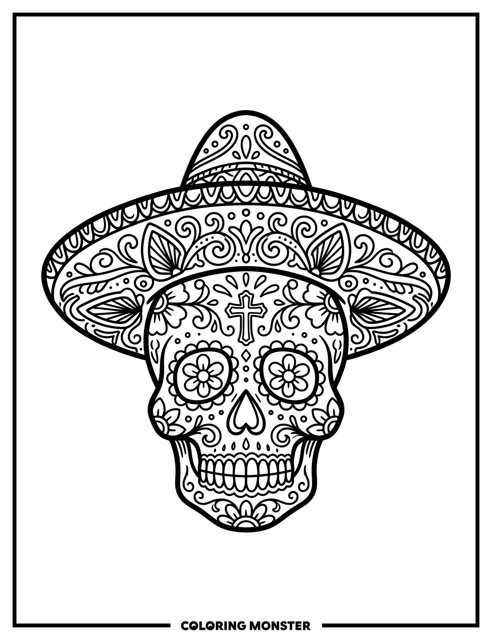Sugar Skull Wearing A Sombrero Coloring Page