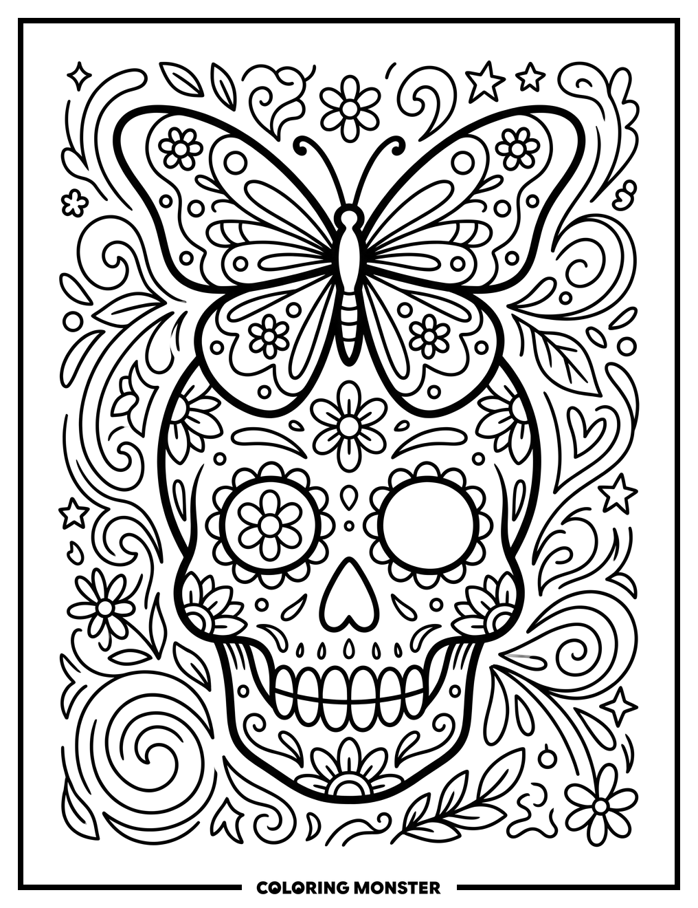 Sugar Skull With Butterfly Coloring Page