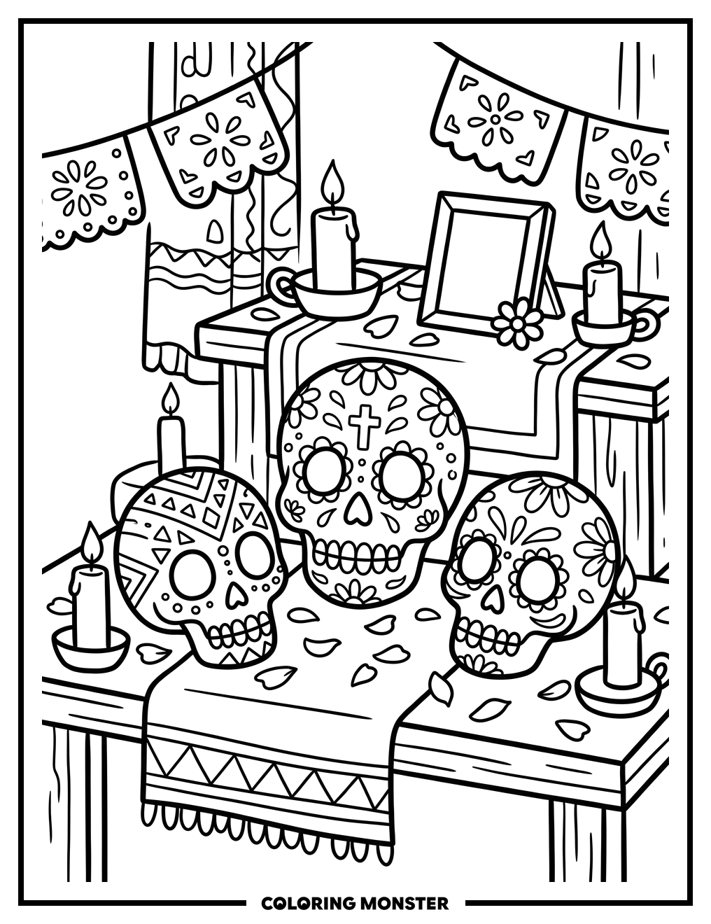 Sugar Skulls on Ofrenda Altar Coloring Page