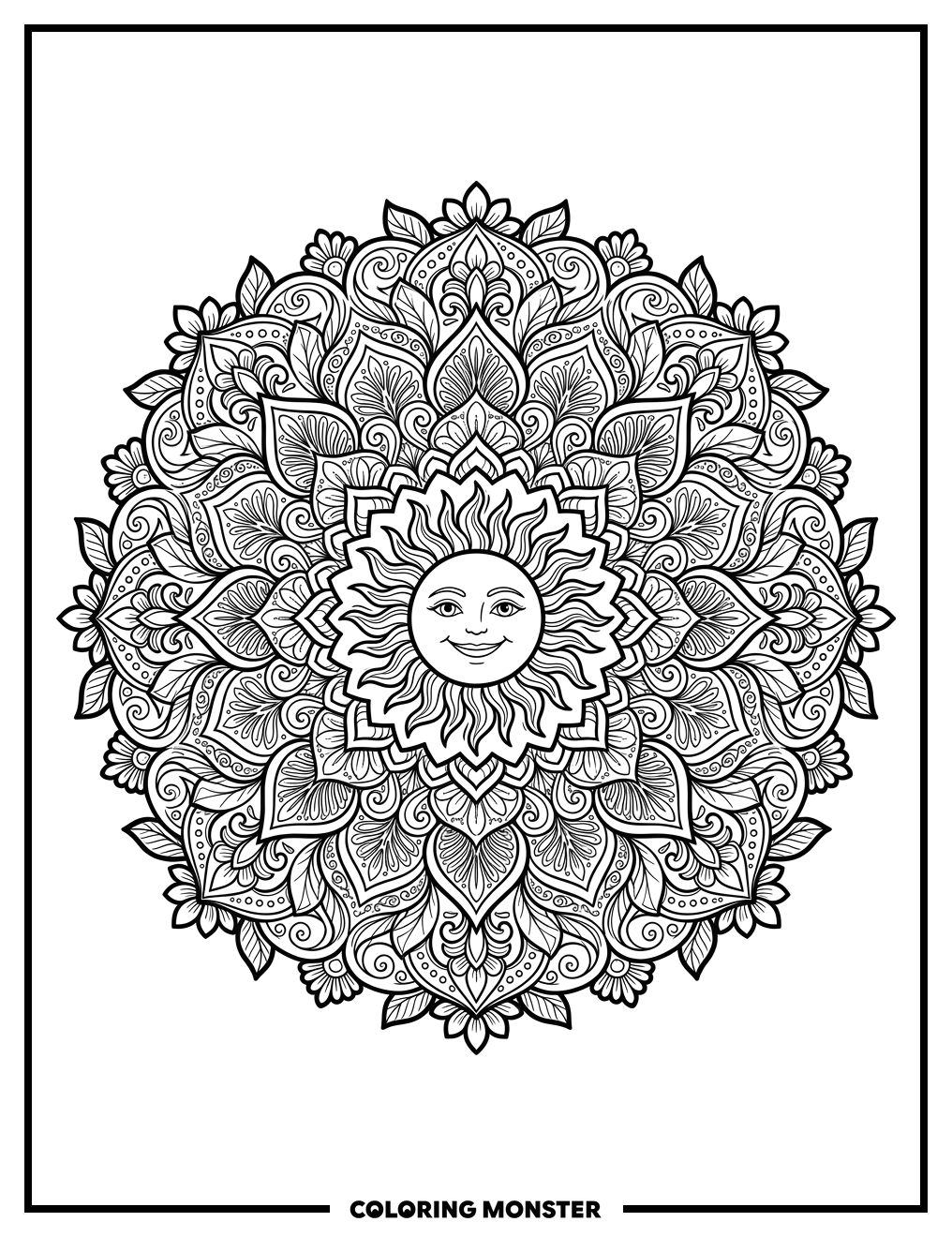 Sun and Floral Mandala Coloring Page