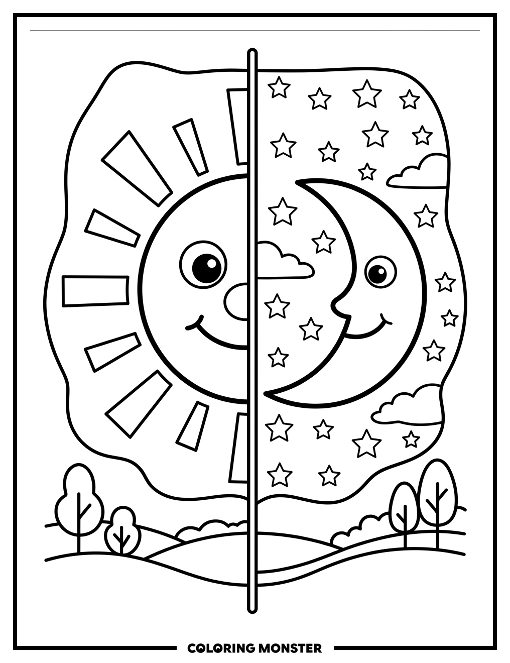 Sun and Moon Faces Coloring Page