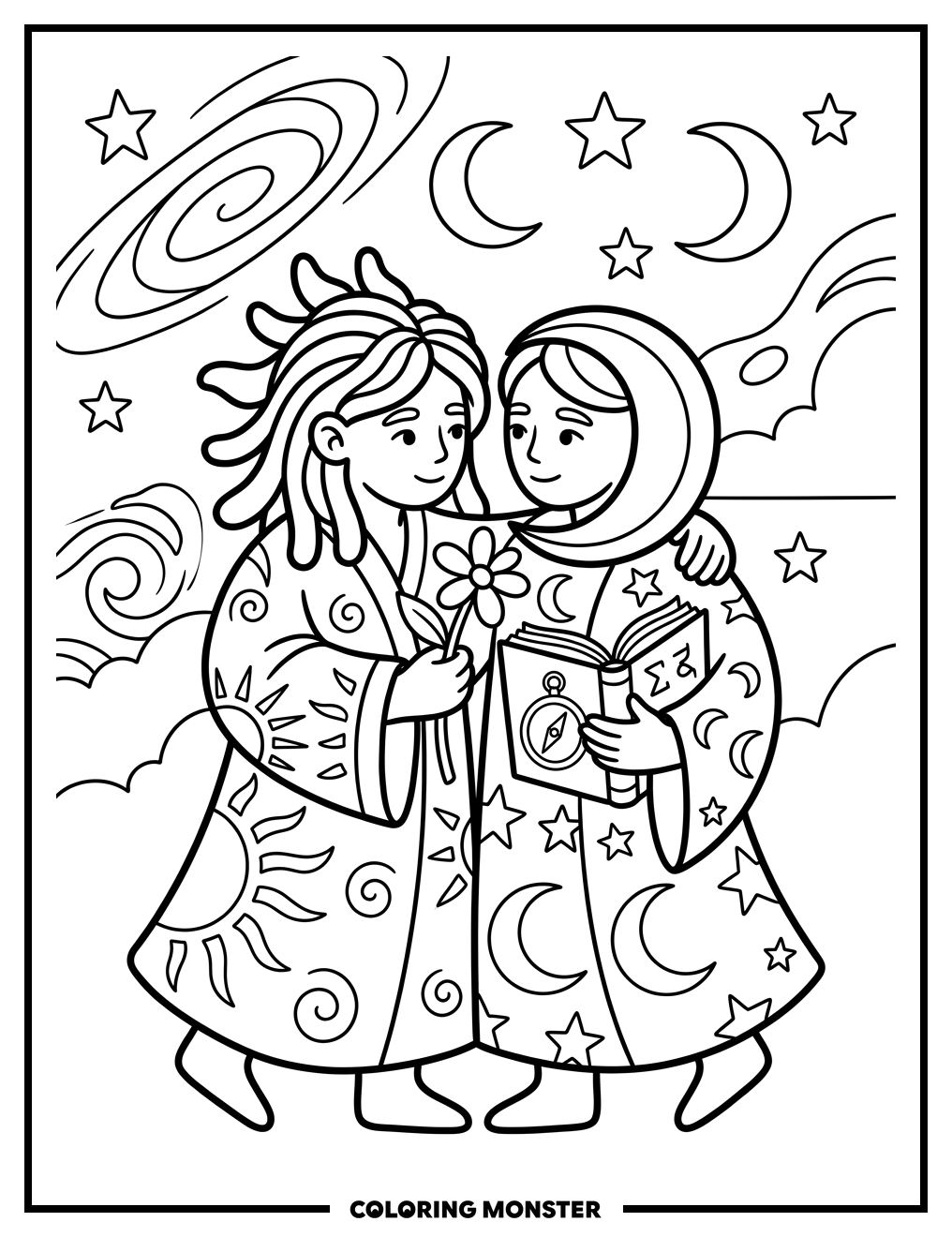 Sun and Moon Twins Embrace Coloring Page