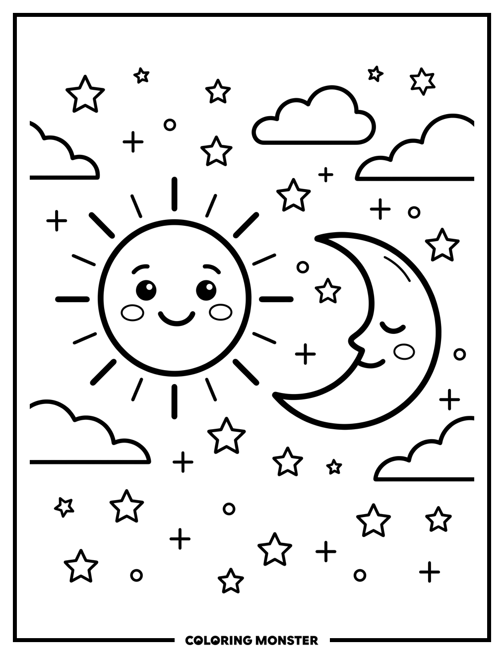 Sun and Moon with Stars Coloring Page