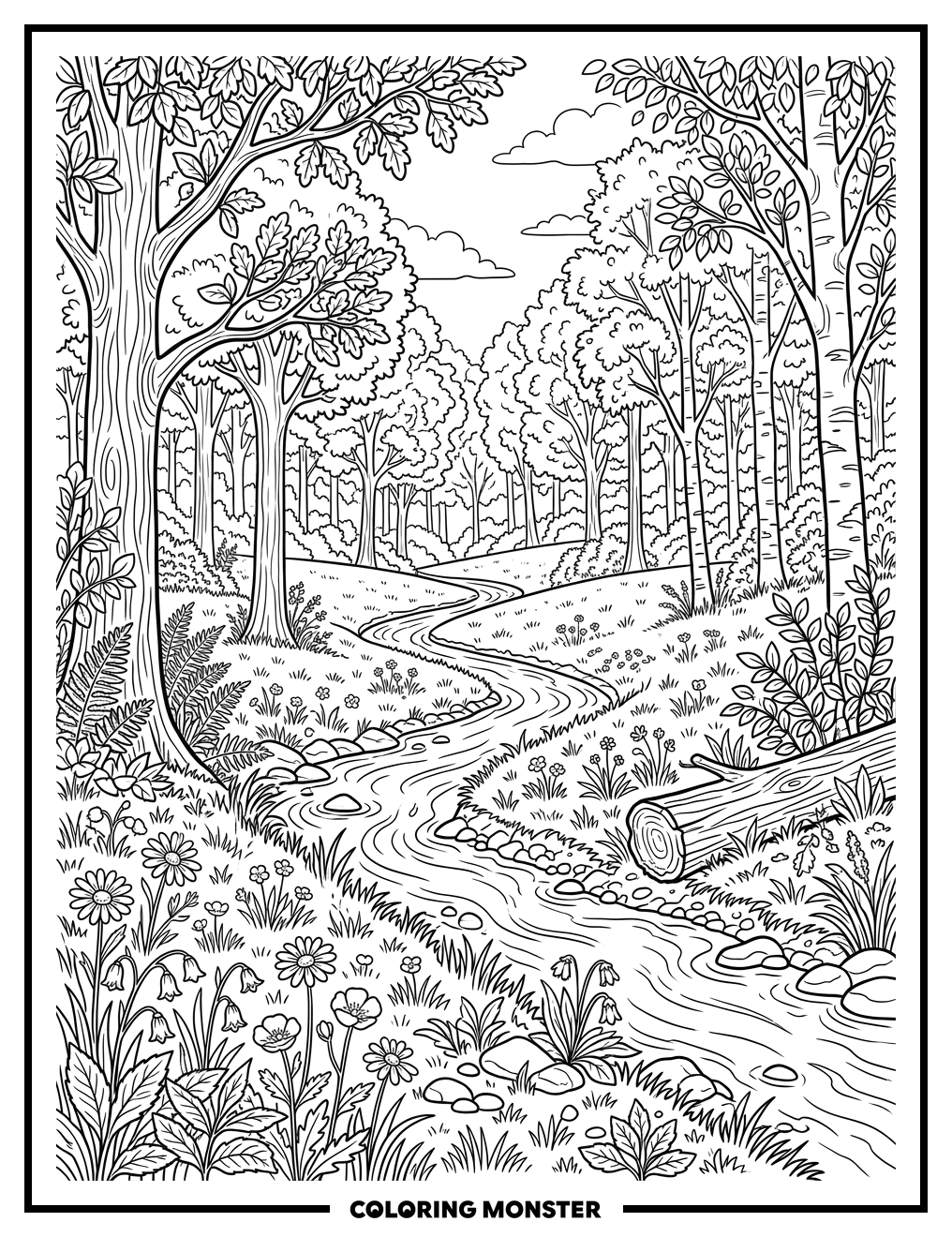 Sun-Dappled Forest Stream Coloring Page
