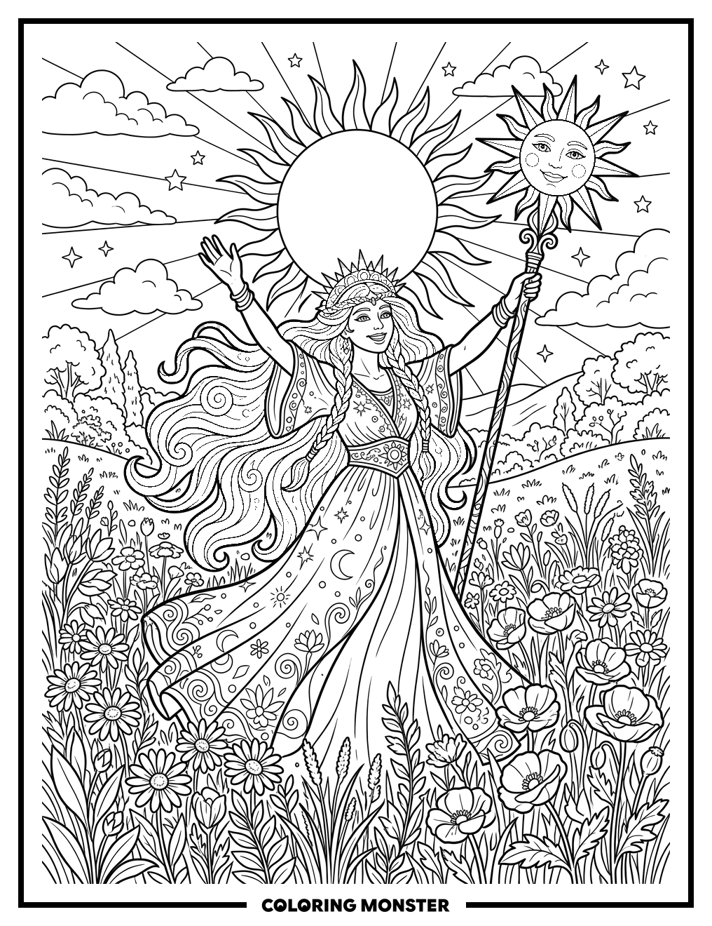 Sun Goddess in Summer Meadow Coloring Page