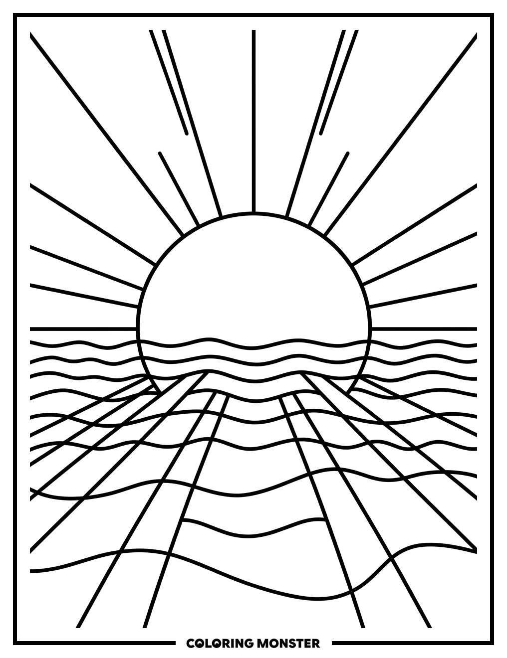 Sun Setting Over Ocean Coloring Page
