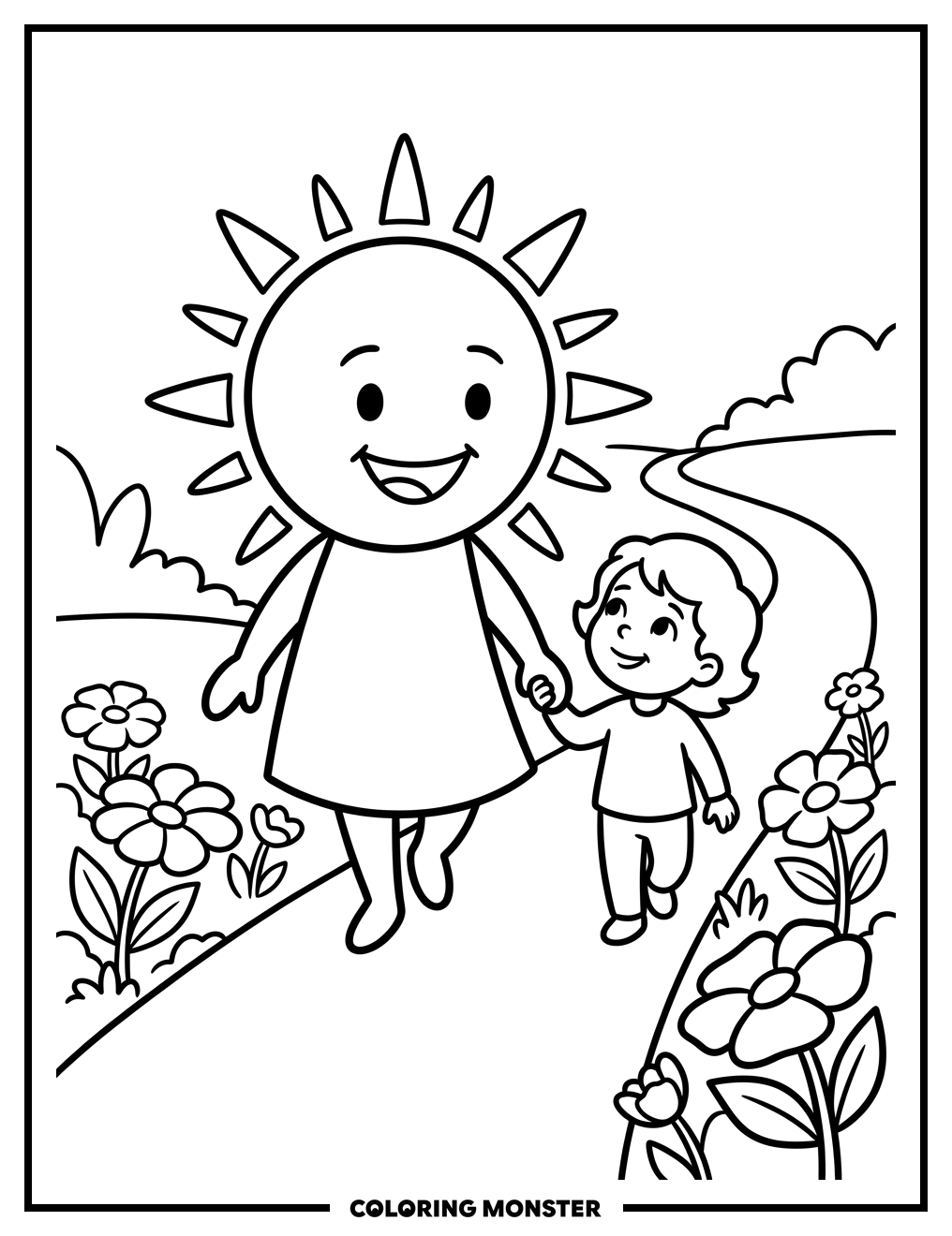 Sunbeam Character Holding a Child's Hand Coloring Page
