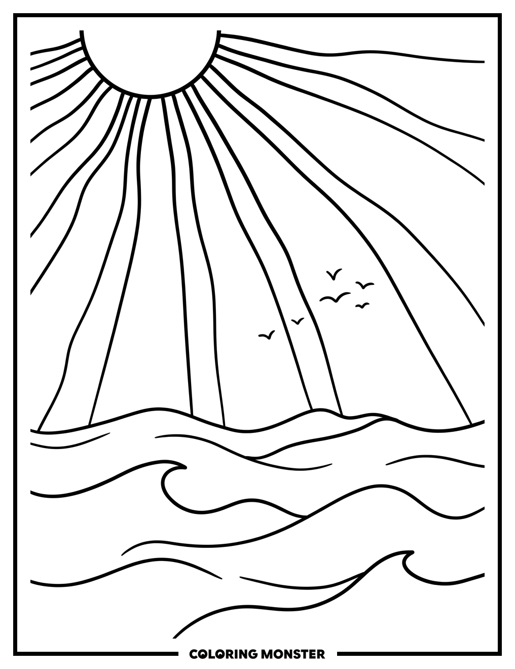 Sunbeams Over Gentle Ocean Waves Coloring Page