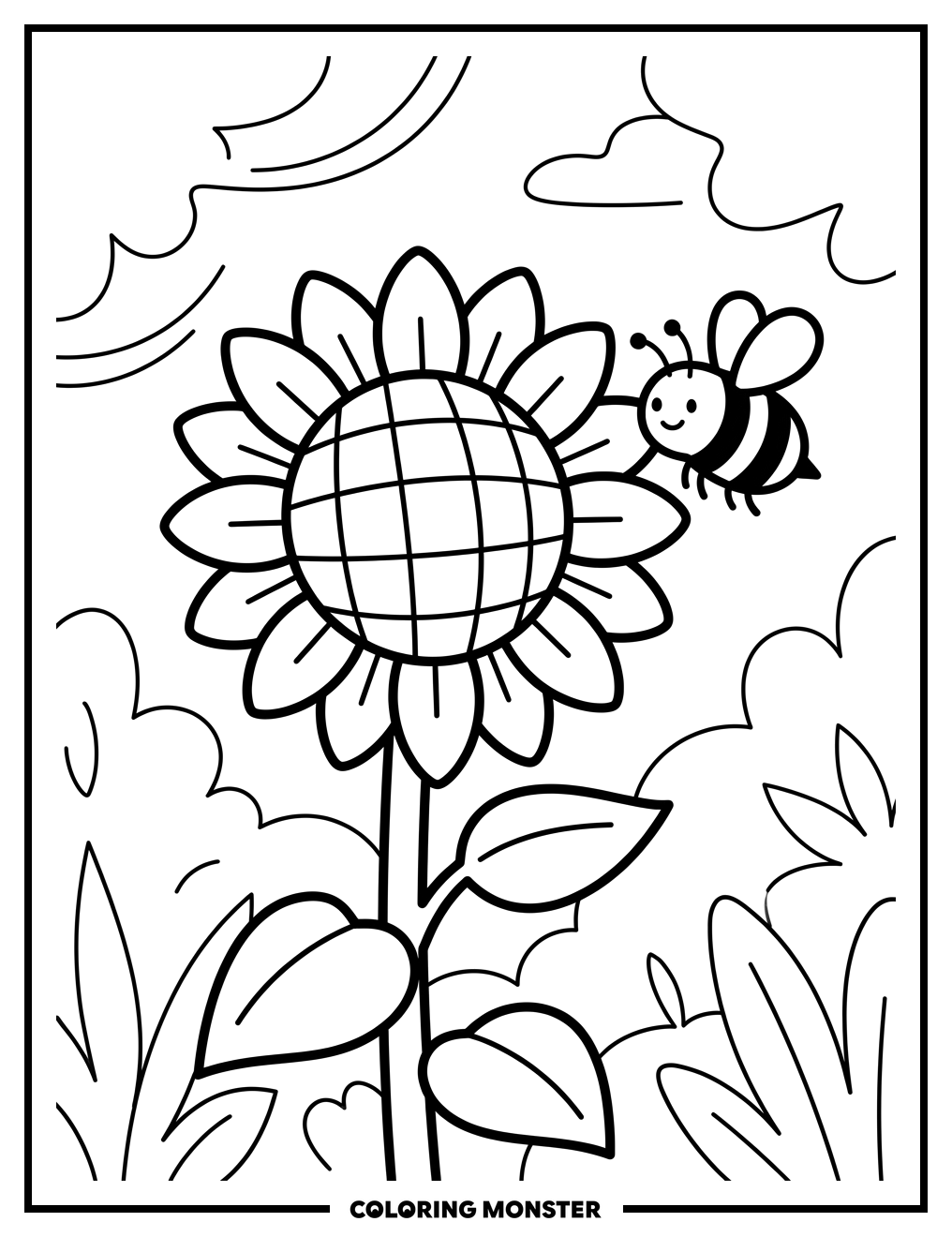 Sunflower and Bee Coloring Page