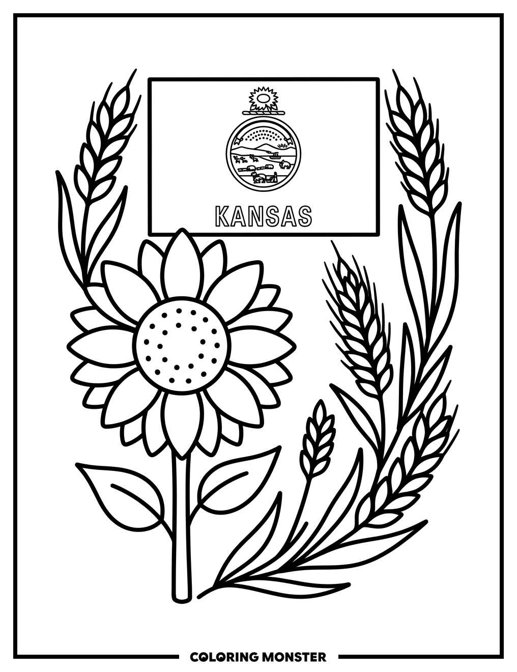 Sunflower and Kansas Flag Coloring Page