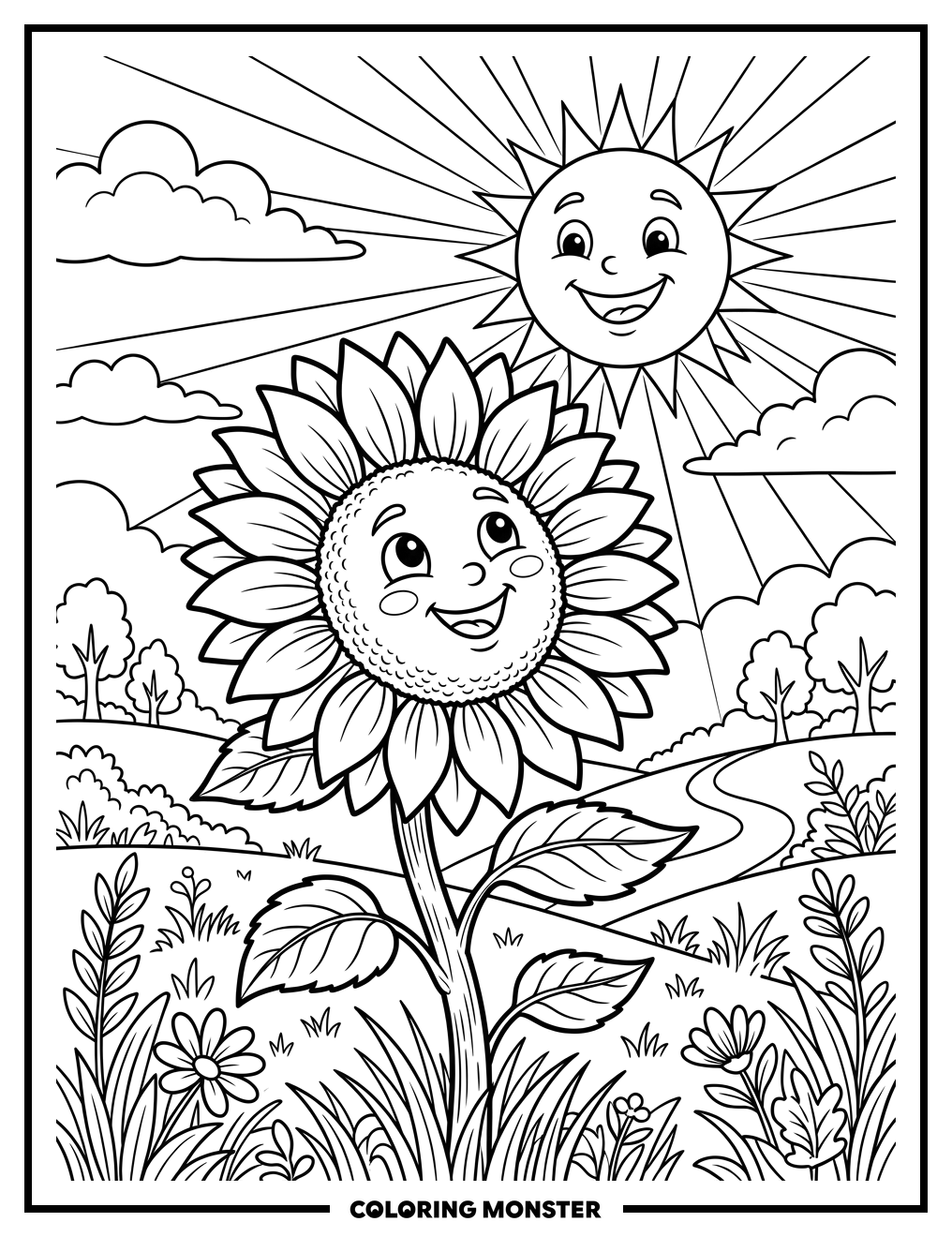 Sunflower and Sun Friends Coloring Page