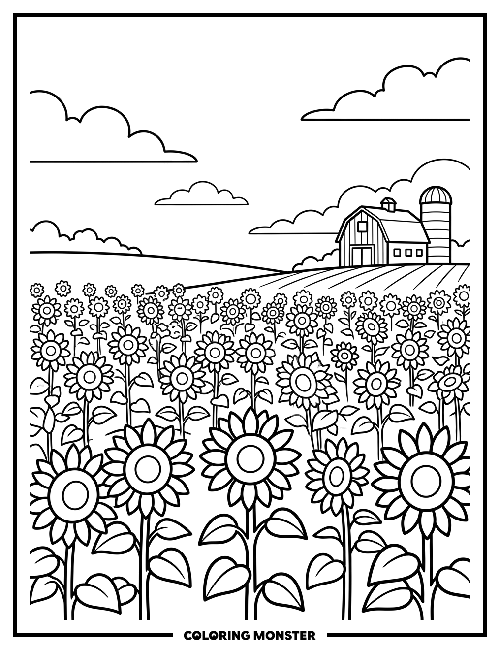 Sunflower Field and Red Barn Coloring Page