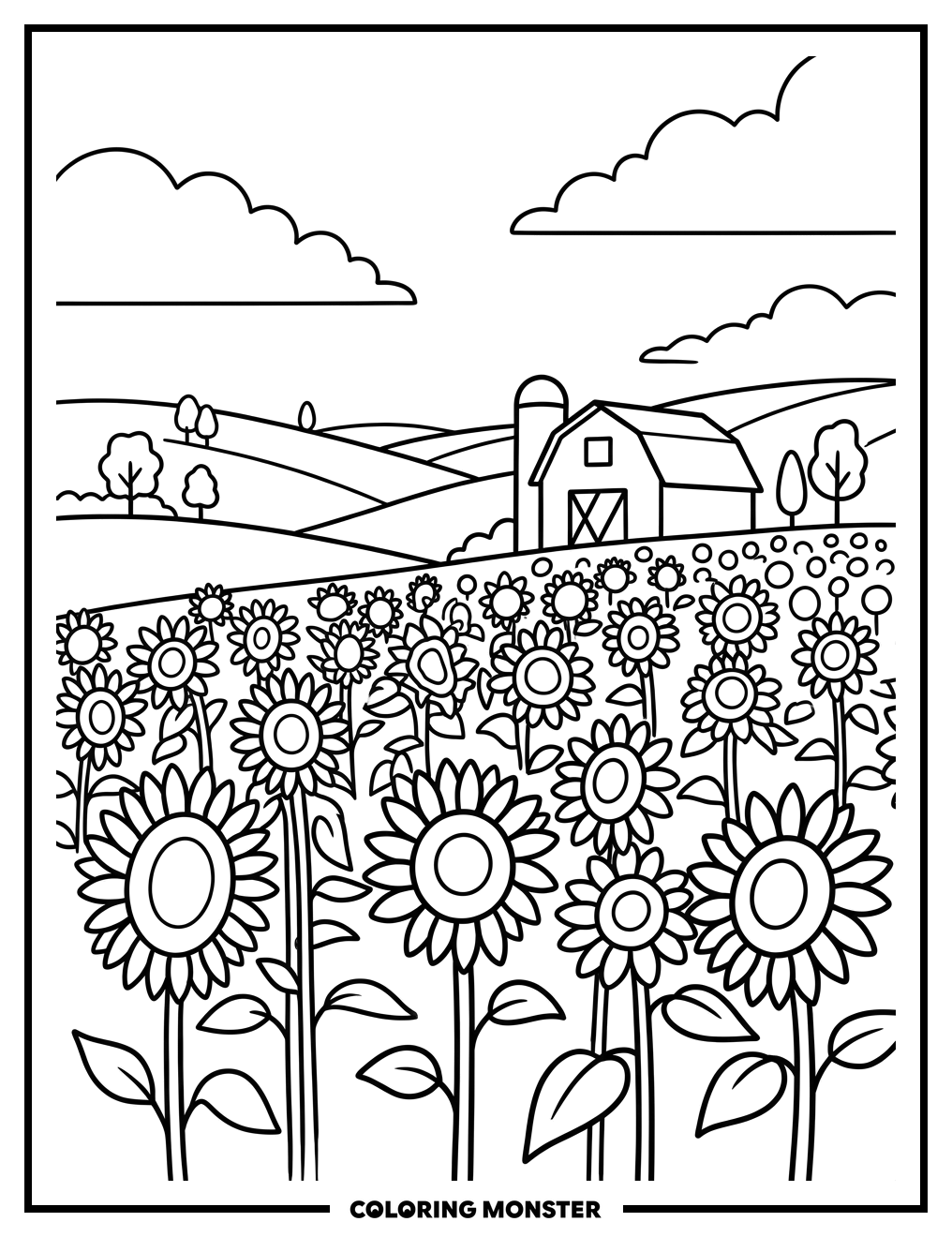 Sunflower Field With Red Barn Coloring Page