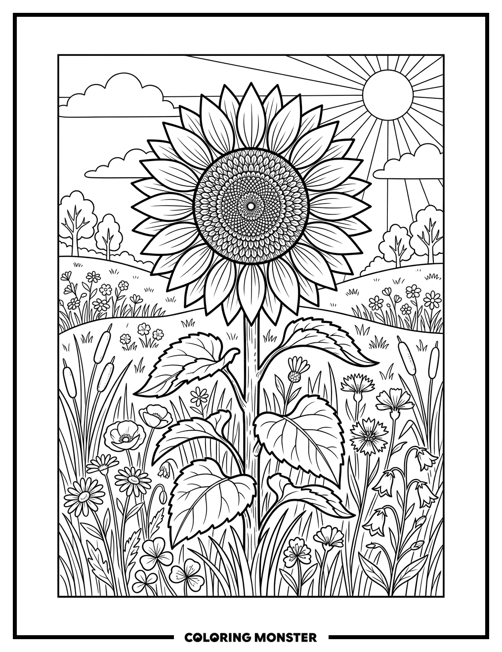 Sunflower in Sunny Meadow Coloring Page