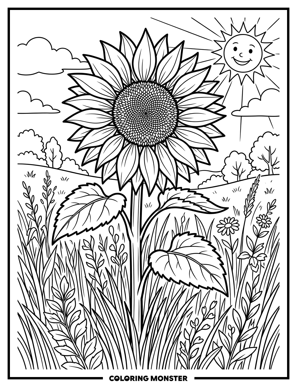 Sunflower in Sunny Meadow Coloring Page