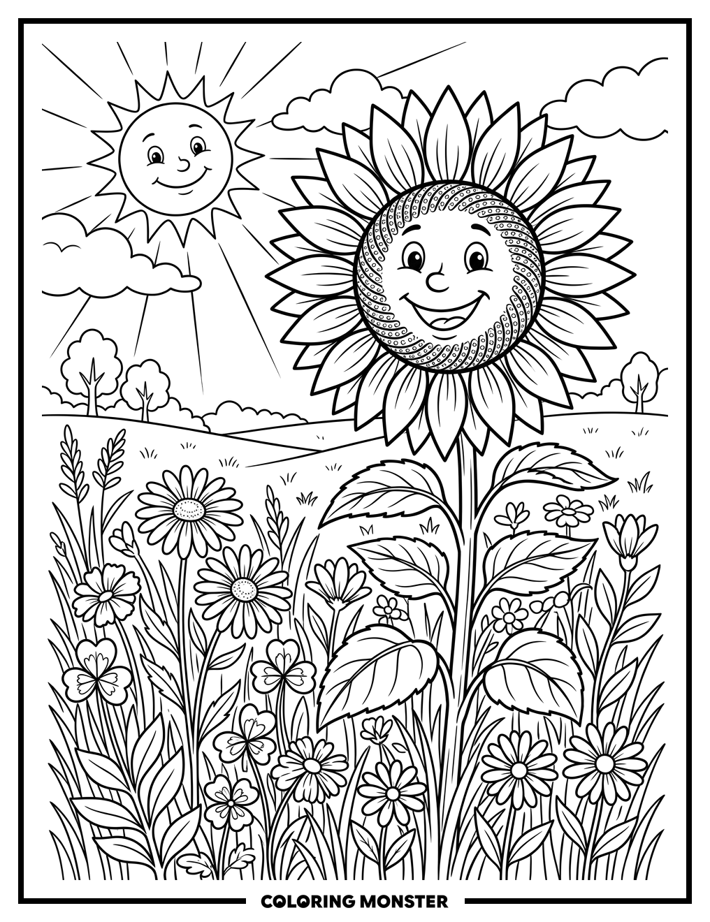 Sunflower in Sunny Meadow Coloring Page