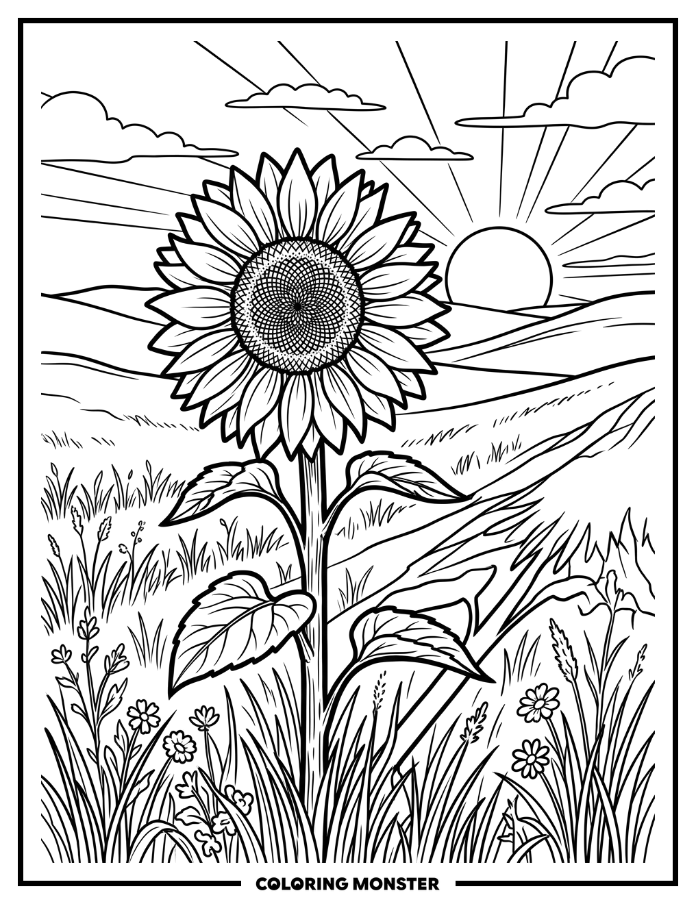 Sunflower With Sunset Field Coloring Page