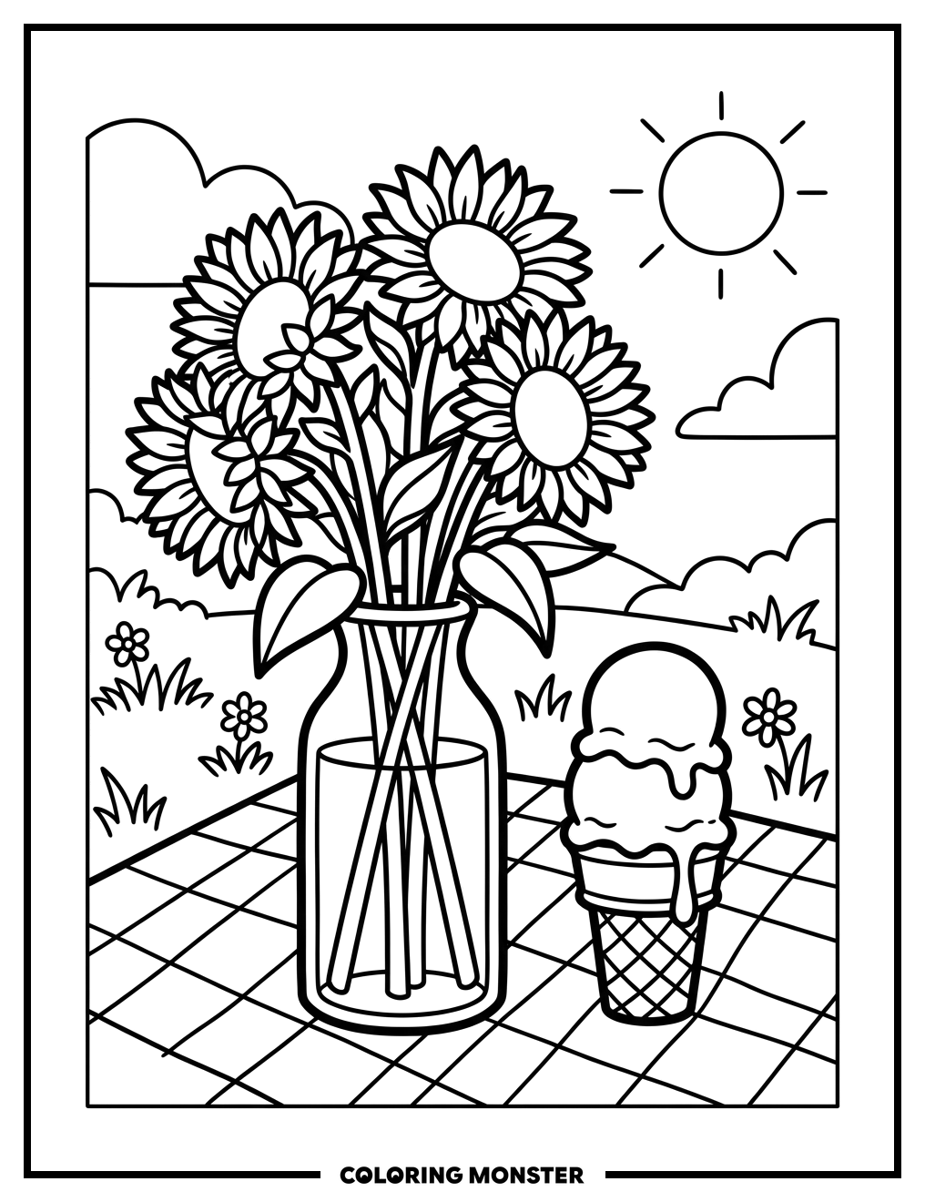Sunflowers and Ice Cream Cone Coloring Page