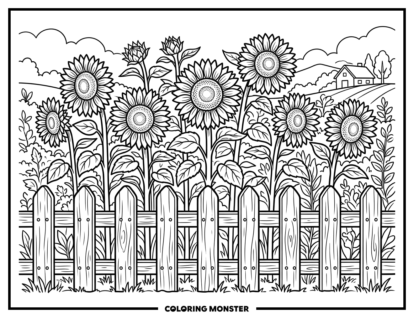 Sunflowers Behind Picket Fence Coloring Page