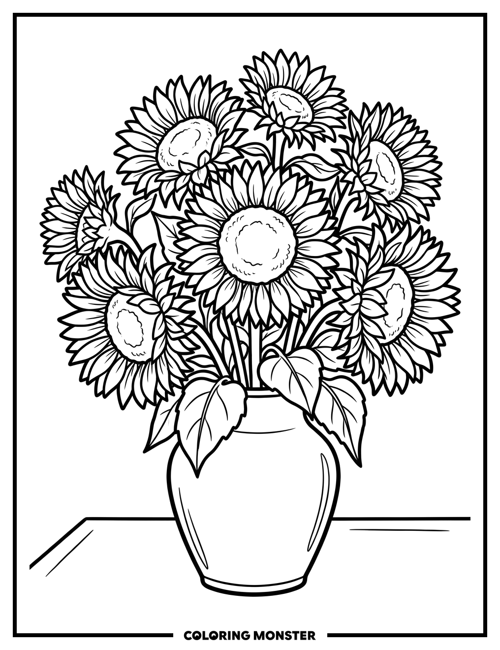 Sunflowers in a Detailed Vase Coloring Page