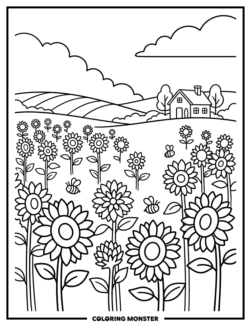 Sunflowers Under A Bright Sky Coloring Page