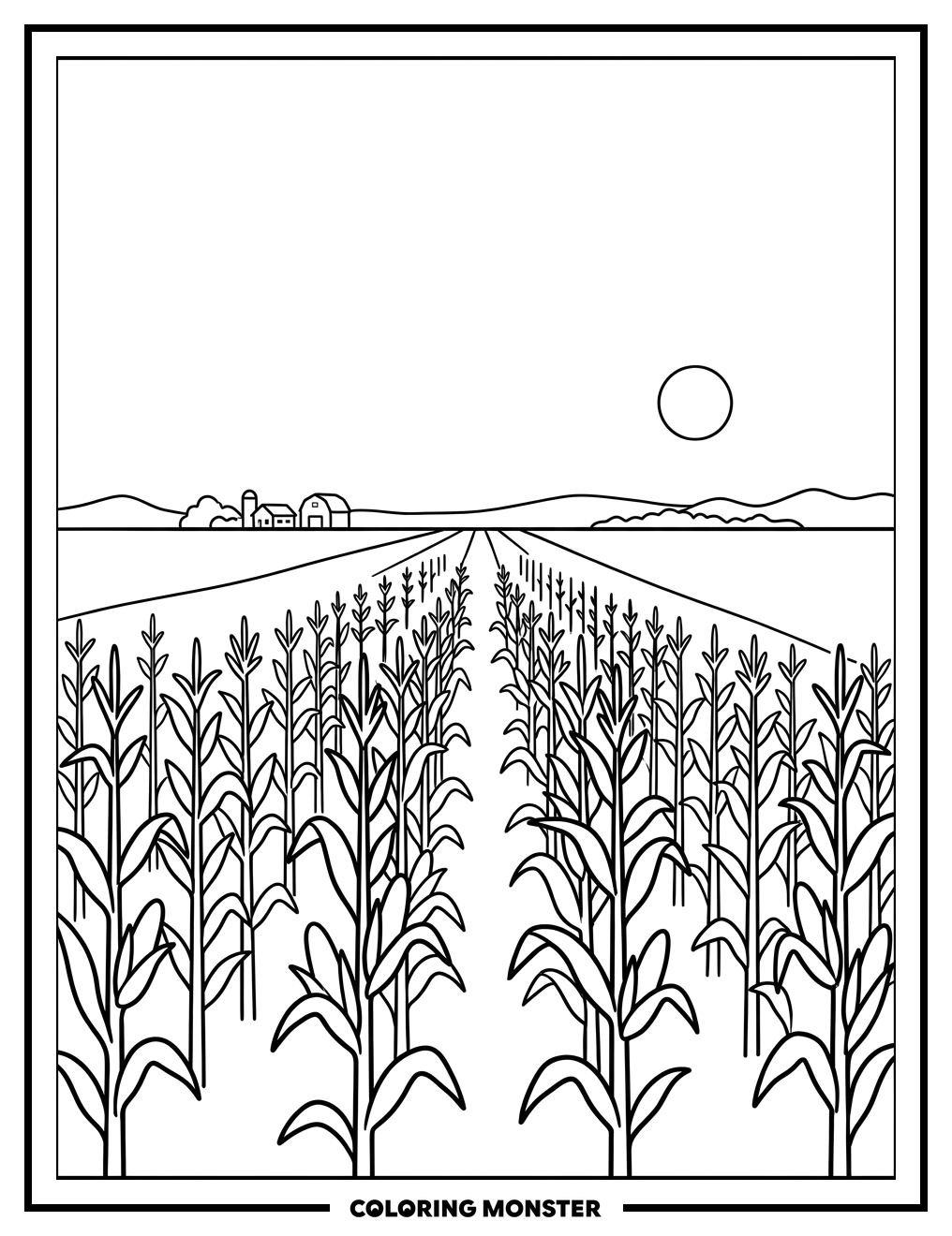 Sunlit Cornfield Under Blue Sky Coloring Page