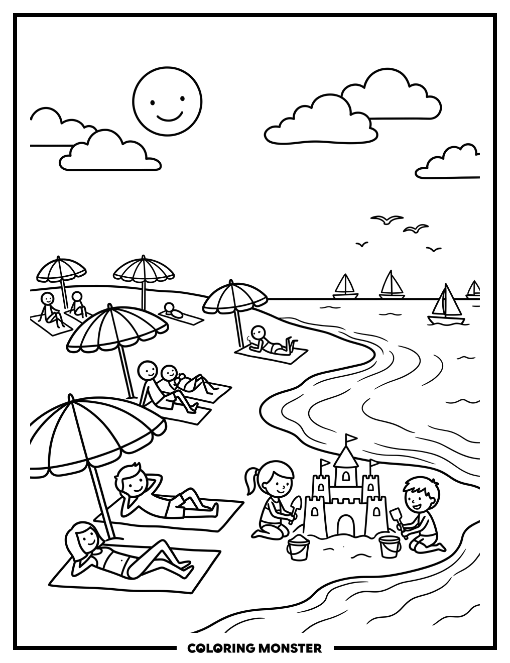 Sunny Beach Day Fun Coloring Page