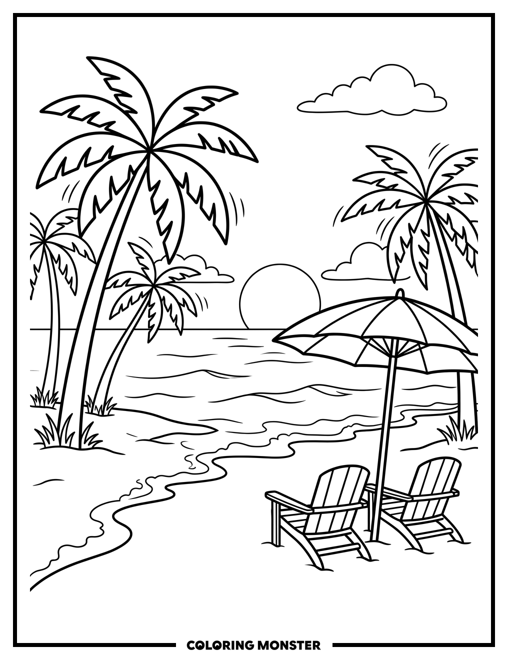 Sunny Beach Day Scene Coloring Page