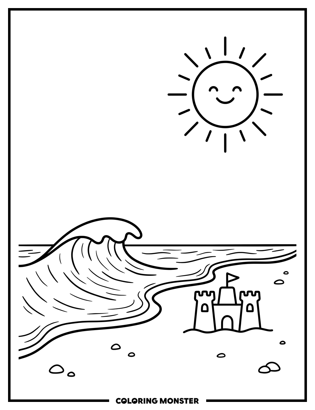 Sunny Beach Sandcastle Scene Coloring Page