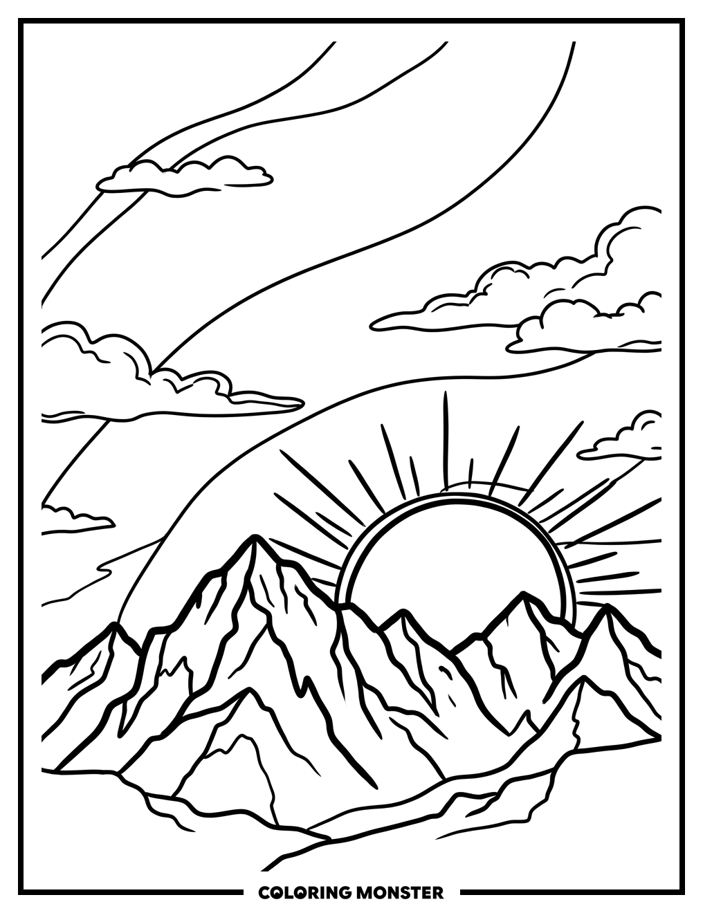 Sunset Over Mountain Peaks Coloring Page
