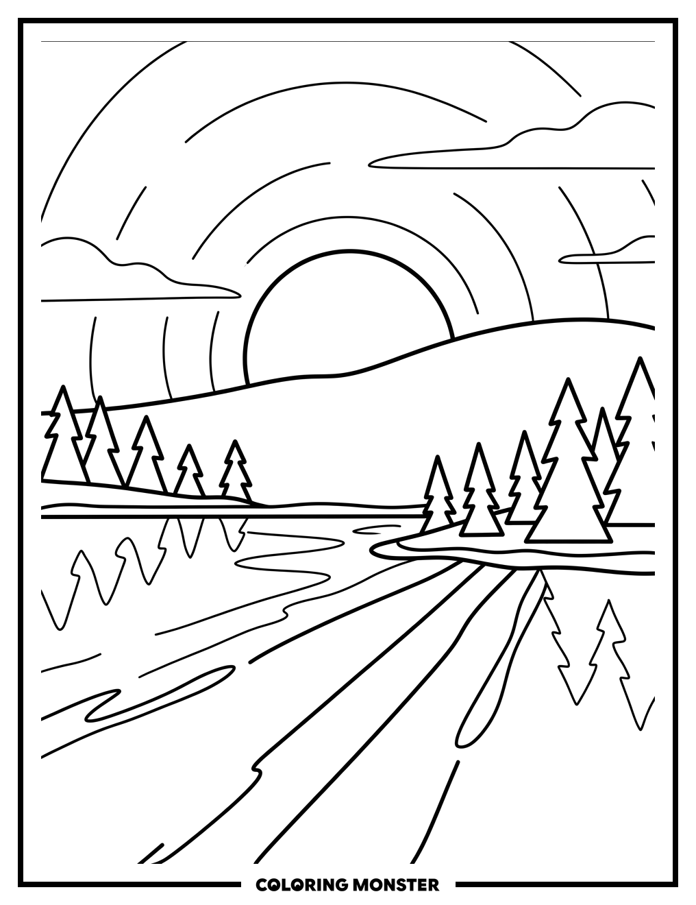 Sunset Over Tranquil Lake Coloring Page