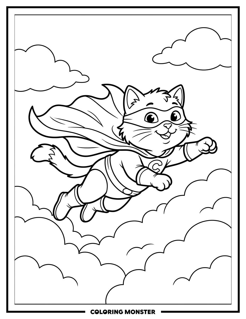 Superhero Cat Flying High Coloring Page