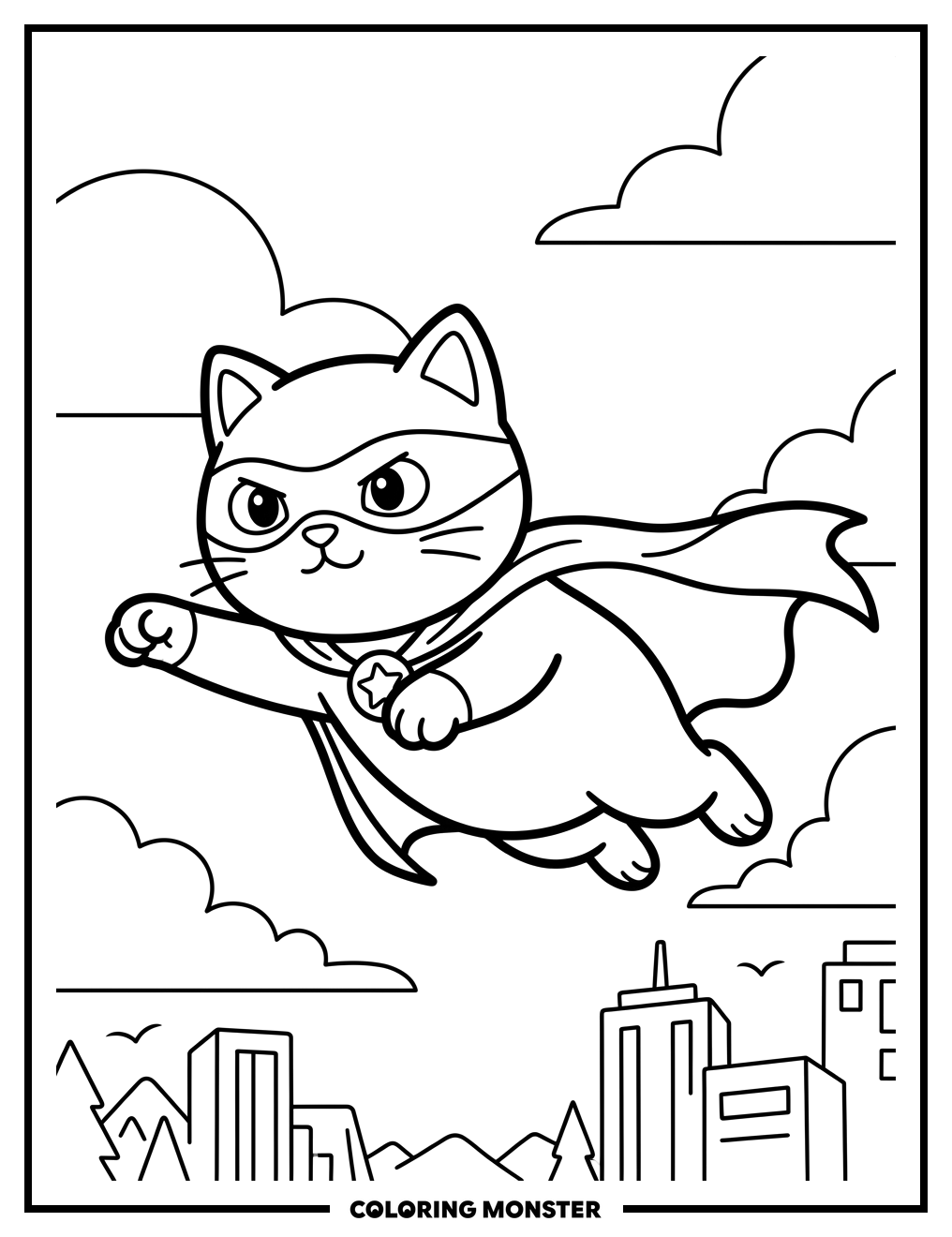 Superhero Cat Flying Through Sky Coloring Page