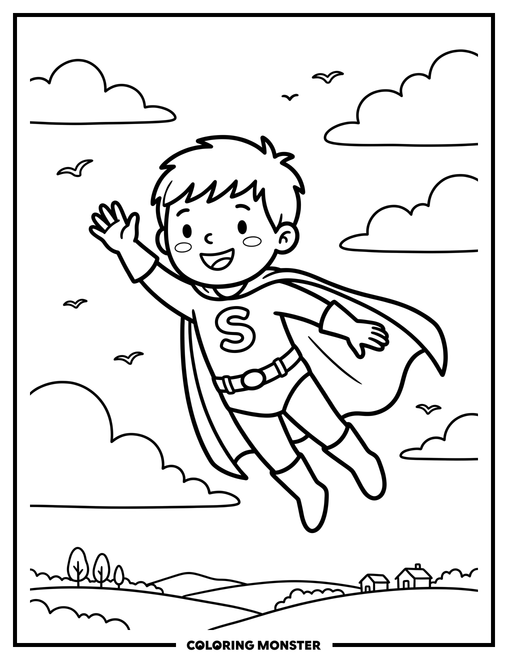 Superhero Child Flying With Cape Coloring Page