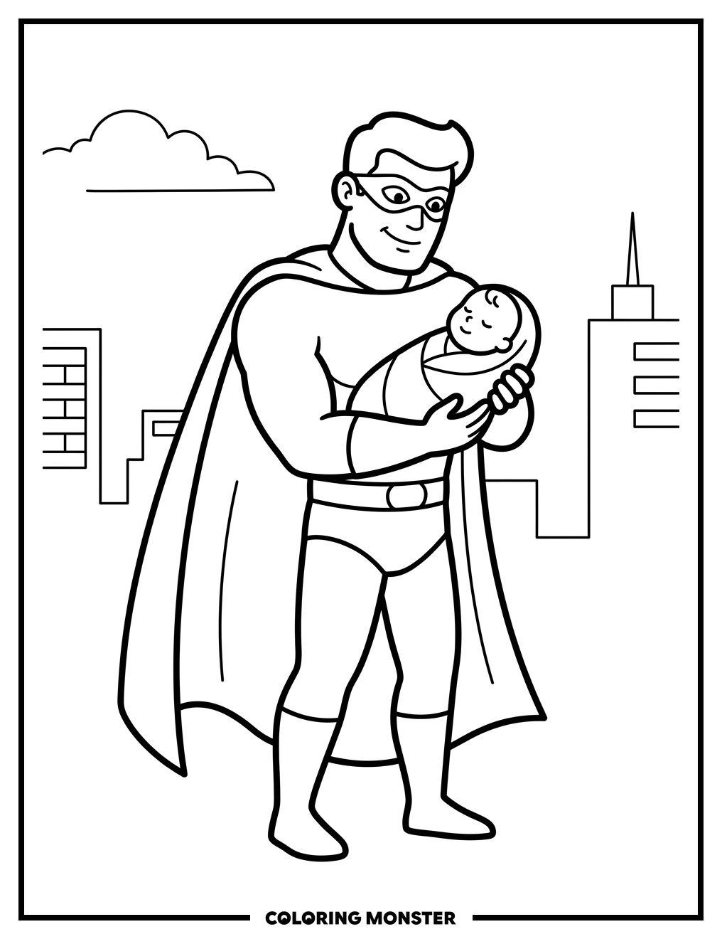 Superhero Dad Holding Baby Coloring Page