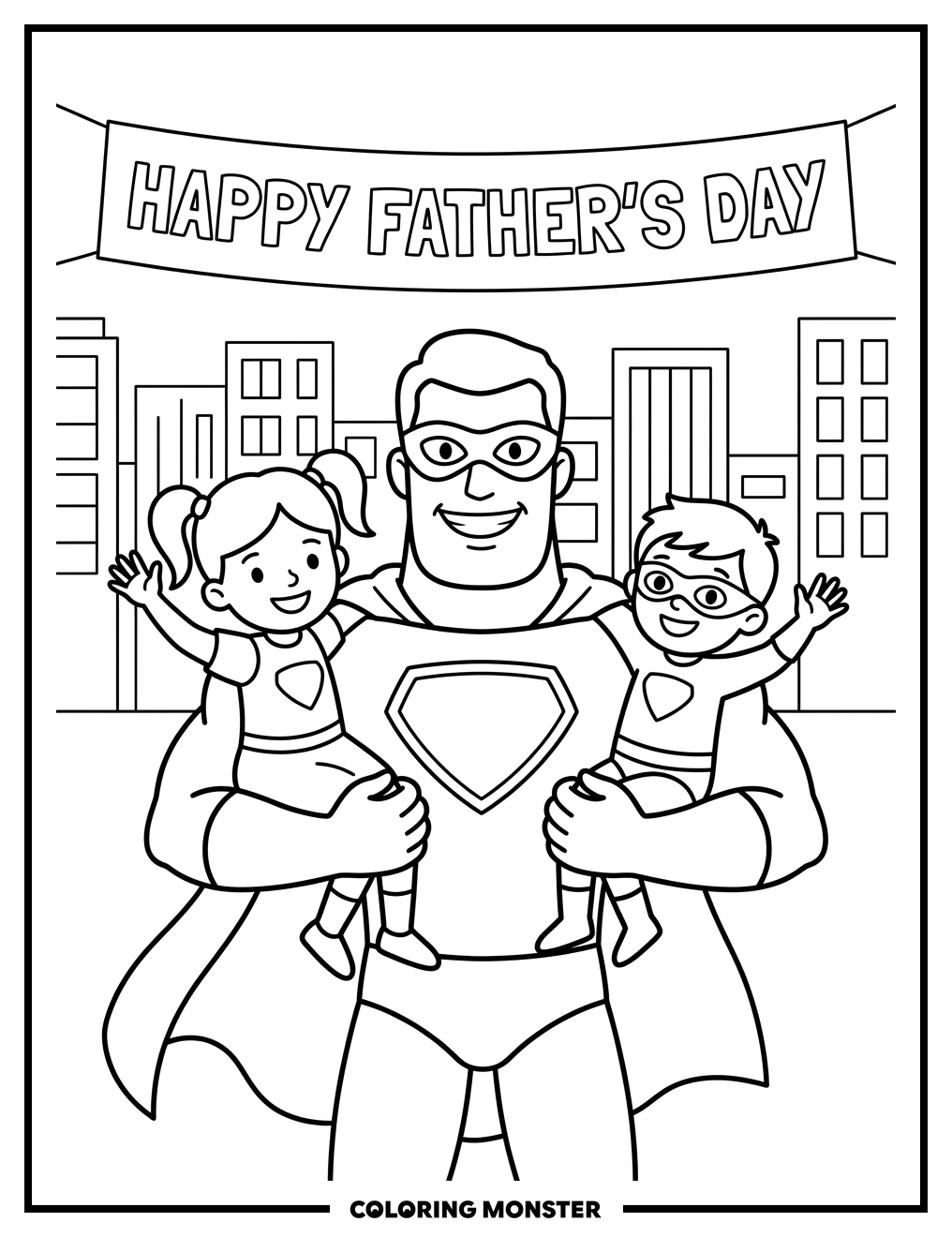 Superhero Dad With Children Coloring Page