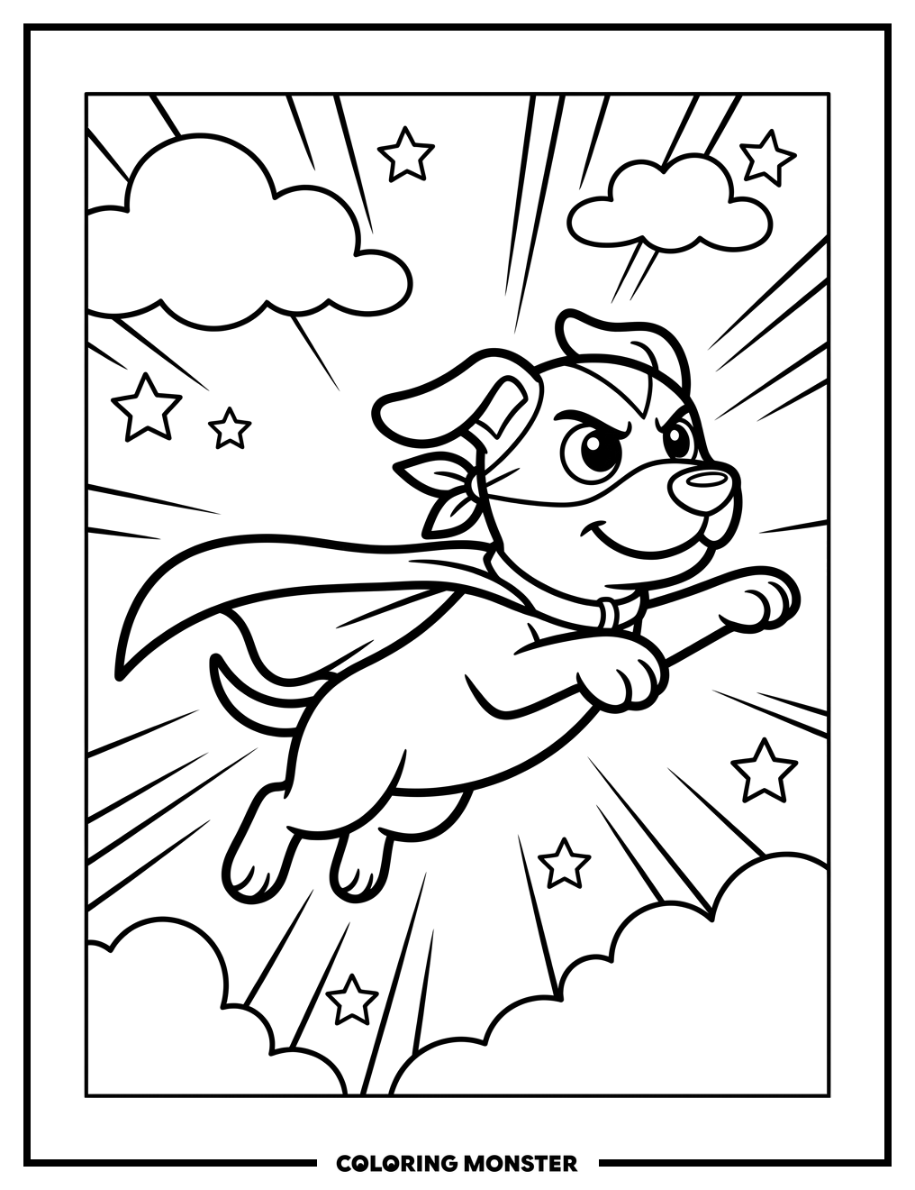 Superhero Dog Flying High Coloring Page
