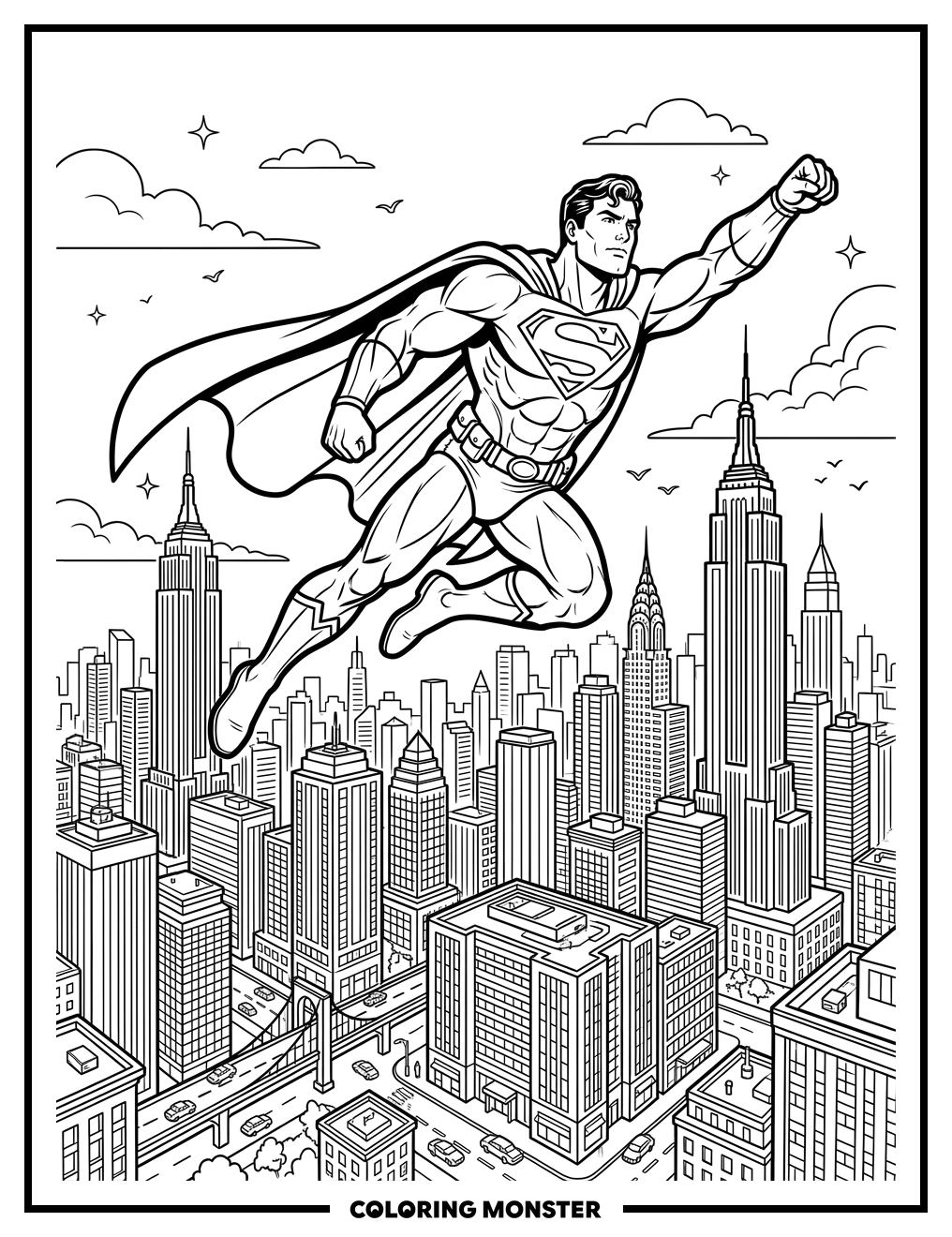 Superhero Flying Over City Coloring Page