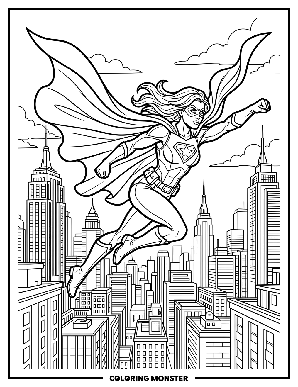 Superhero Flying Over City Skyscrapers Coloring Page