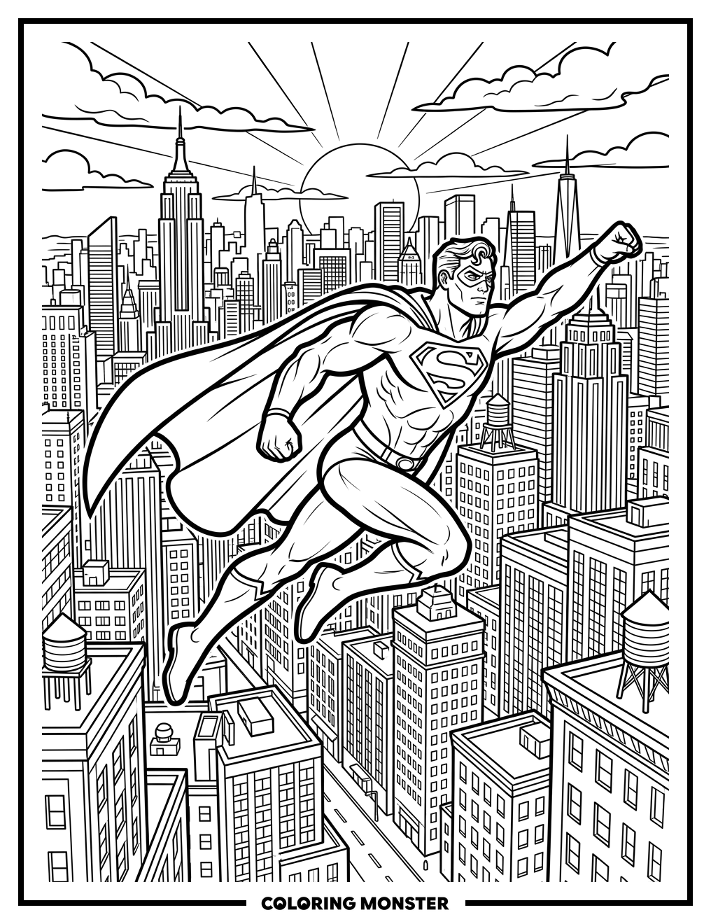 Superhero Flying Over Cityscape At Sunset Coloring Page