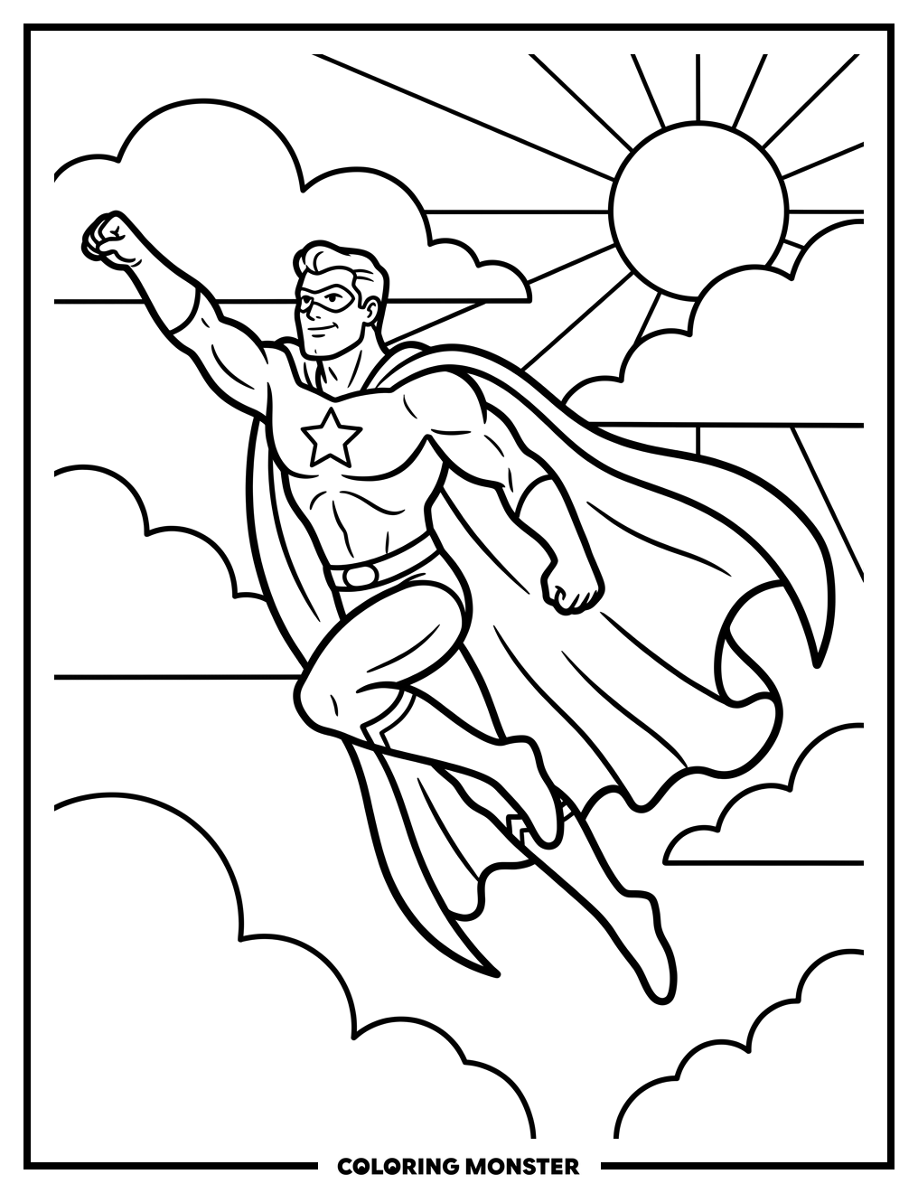 Superhero Flying Through Clouds Coloring Page