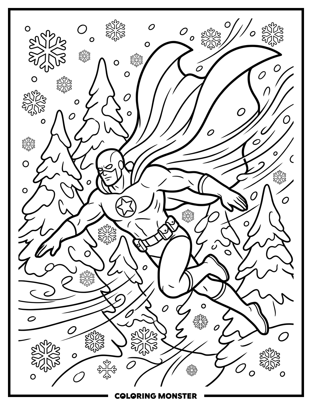 Superhero Flying Through Snowstorm Coloring Page