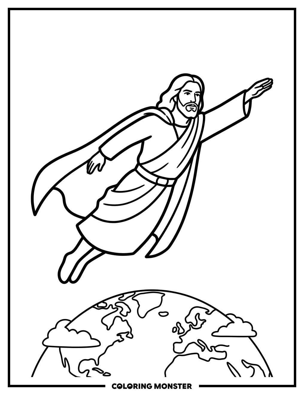 Superhero Jesus Flying Above Earth Coloring Page
