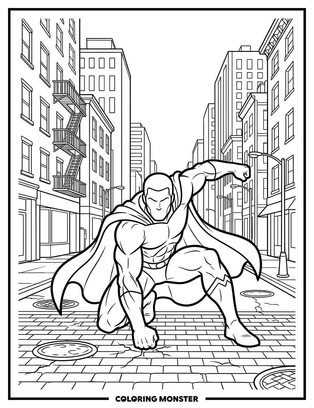 Superhero Landing on City Street Coloring Page