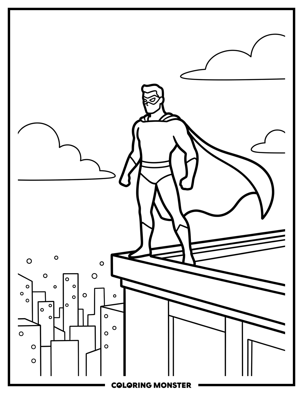 Superhero on Rooftop Coloring Page